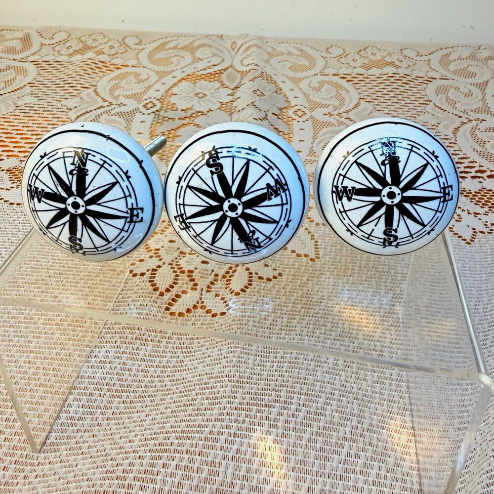 3 Pack White Glossy Ceramic Nautical Compass Rose Round Cabinet Knobs 1.5 in